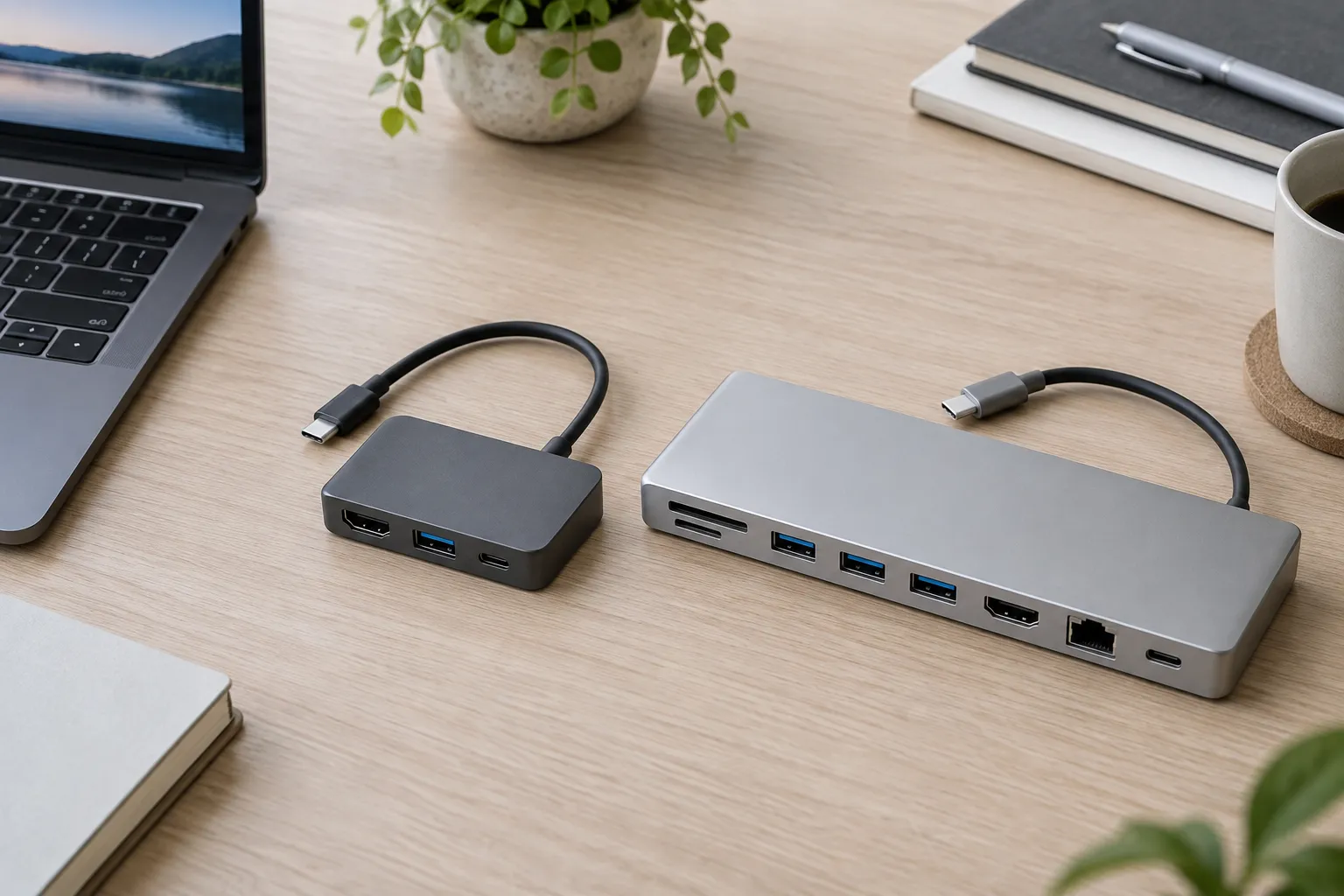 架空の小型USB-Cハブと大型ハブを並べた比較写真