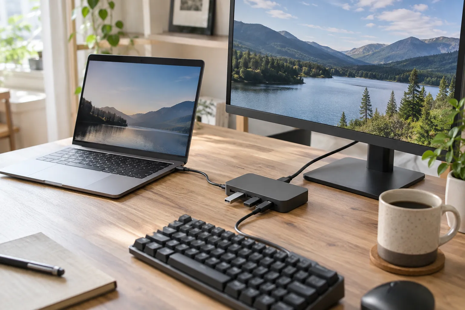 架空のUSB-CハブでノートPCとモニターを接続した作業机